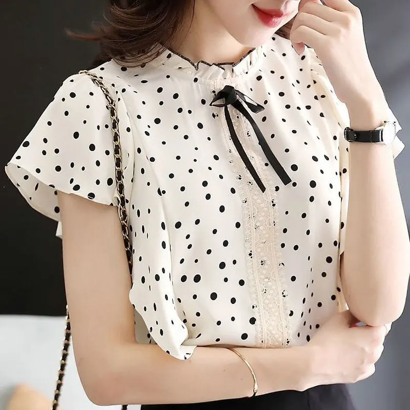 Korean Polka Dot Lace Chiffon Blouse Elegant Stand Collar Ruffles Spliced Women\'s Clothing Stylish Bow Summer Short Sleeve Shirt