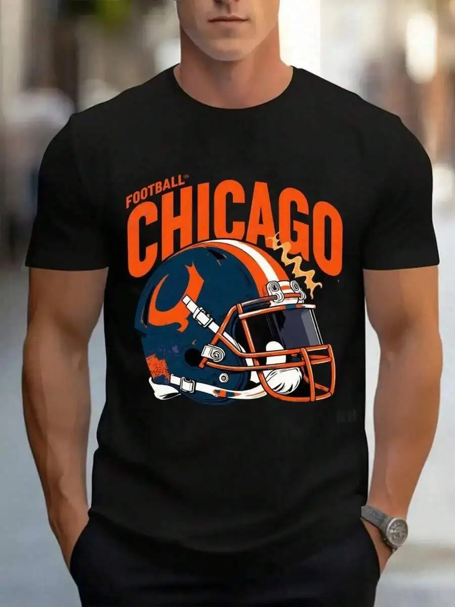 Large Men's Fashionable New Sports-Themed-Shirt| Black Background, Printed With Eye-Catching Chicago Pattern, Red Small Letters 100% Cotton Trendy Y2K Short-Sleeve Tee-Soft, Quick-Drying,  Ideal for Sports  Wear; Great Gift for Christmas or Halloween.