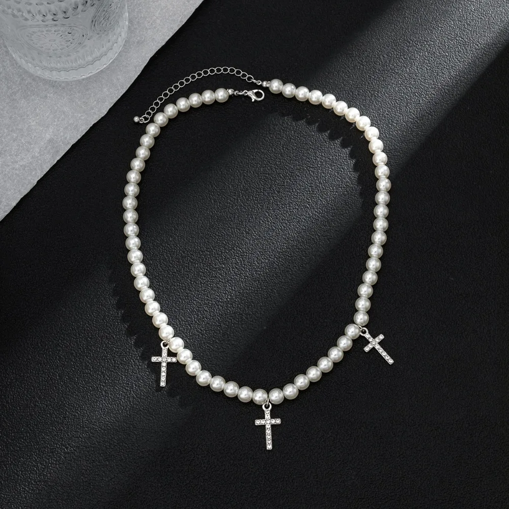 Pearl Beads Chain Cross Pendants Necklace Men Trendy White Beaded Choker Shiny Rhinestone 2023 Fashion Jewelry Male