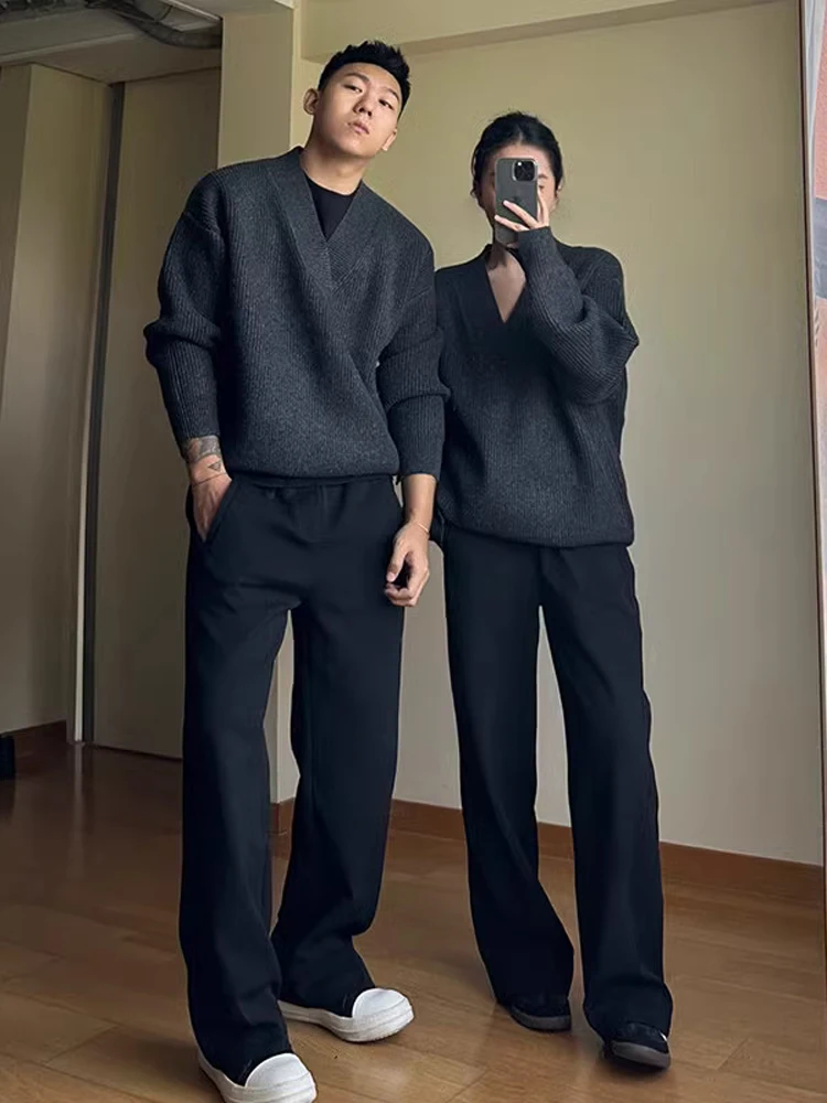 

Свитер с v-образным вырезом для пар, мужской весенне-осенний свободный крой, трикотаж, базовый слой, черный, внутренний, высококачественный, удобный, повседневный