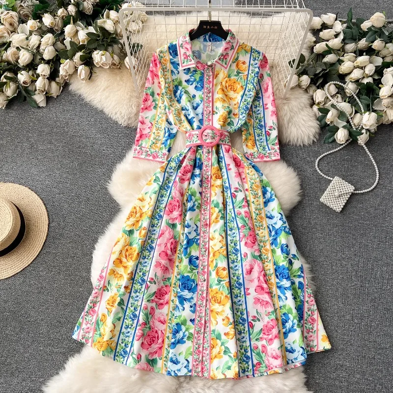 

Turn Down Collar Single-breasted Robe Femme Y2k Vintage High Grade Vestidos De Mujer Lace Up Slim Flower Print Party Dresses