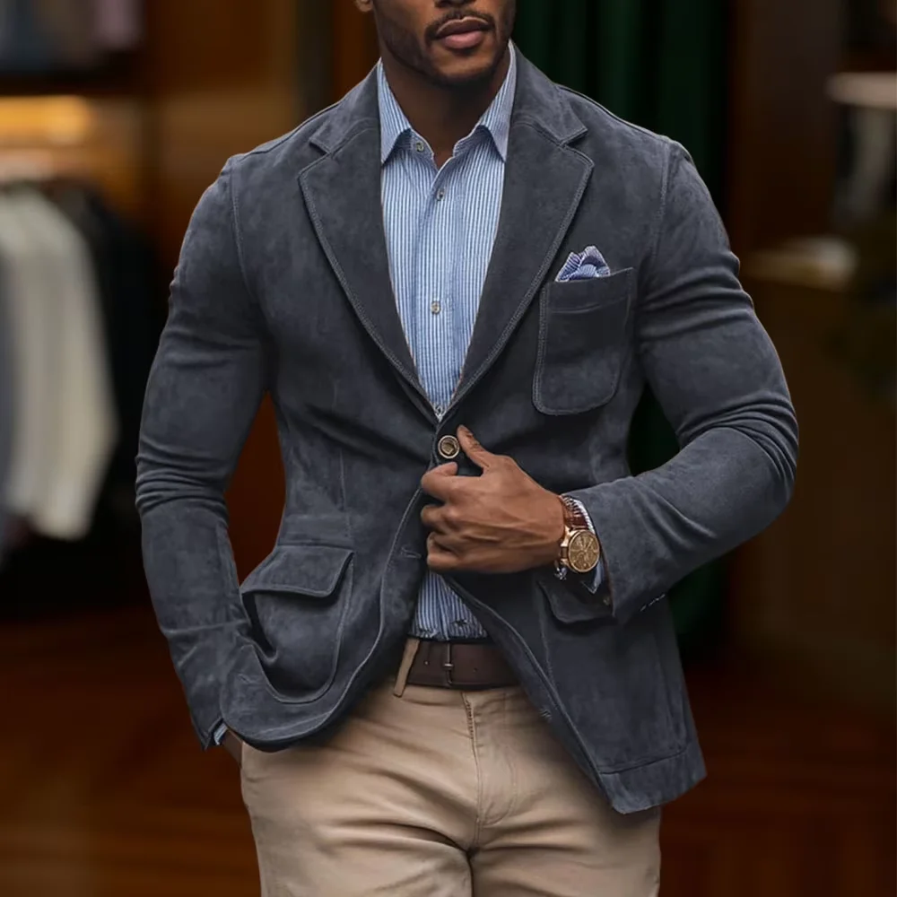 Men's Suede Brown Blazer Vintage Slim Fit Notched Lapel Formal Jacket High Quality Flap Pocket Sport Coat For Business Casual 19