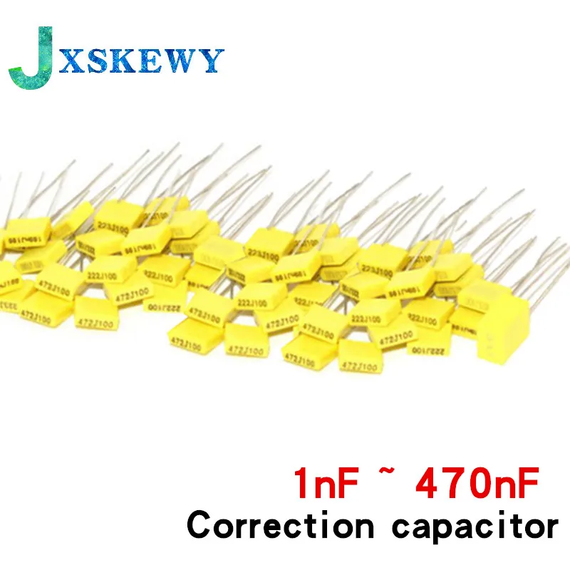 

100pcs Polypropylene Safety Plastic Film 100V 1nF ~ 470nF 100nf 220nf 10nf 47nf 22nf 1nf 0.47uf 0.1uf Correction capacitor