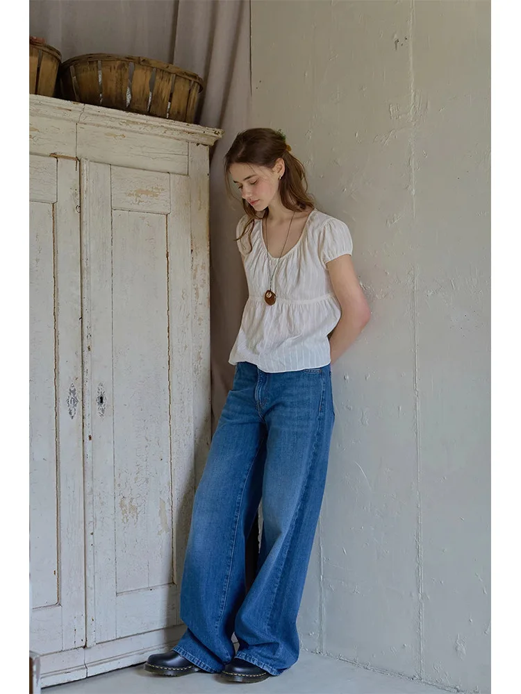 เสื้อทรงหลวมสไตล์เรโทรสำหรับผู้หญิง ดีไซน์ตุ๊กตา แนวฮันกีเซ ติดกระดุม ทรงกลม สีพื้น