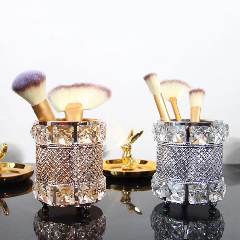 Golden Crystal Cylinder Decoration Pen Holder Makeup Brush Bucket Storage Jar Container