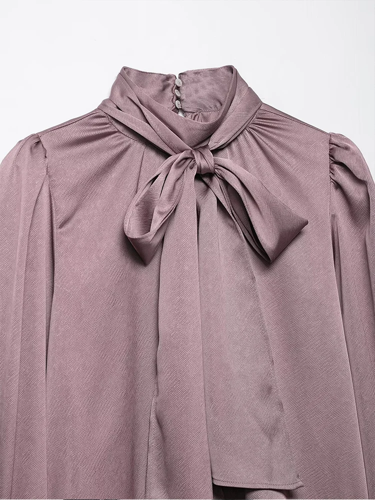 قميص نسائي جديد على الطراز الأوروبي من الساتان بلون سادة ومتعدد الاستخدامات مع زخرفة فيونكة. #4