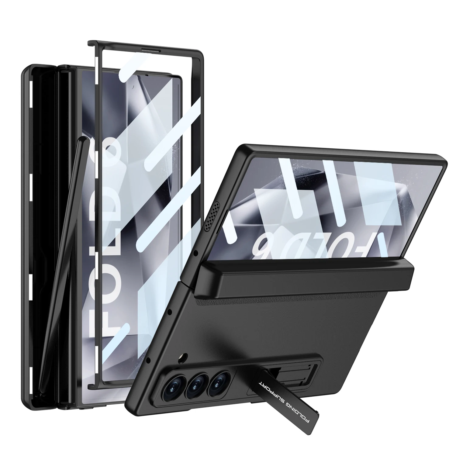 

For Samsung Galaxy Z Fold 6 Case Matte Bracket Magnetic Folding Hinge Pen Holder Optional with Pen Tempered Film Shockproof Case