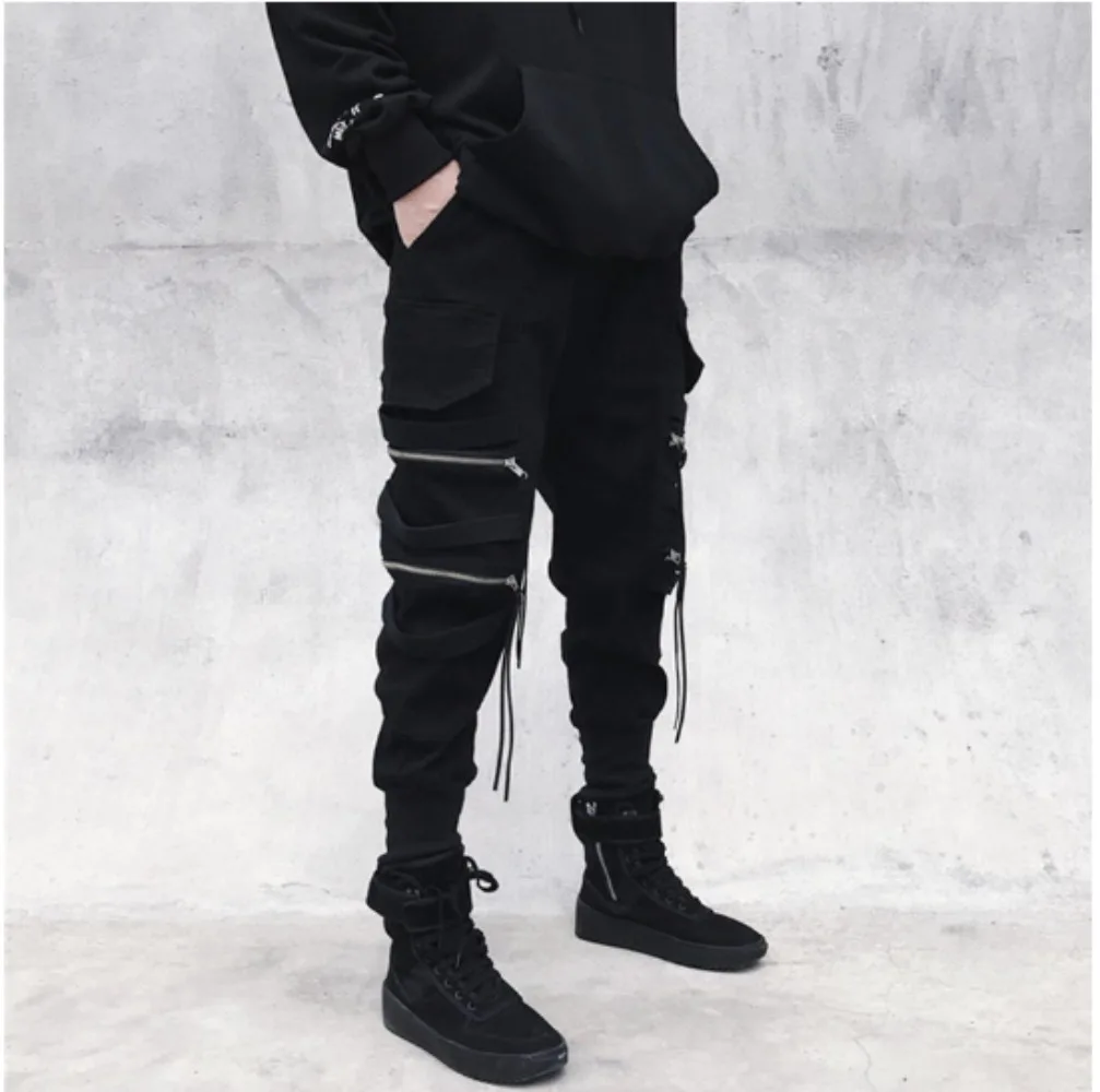 Dark Back Pants Work Men's Zipper Decoration Ribbon Drawstring Narrow Leg Street Hip-hop Streetwear Casual Pants