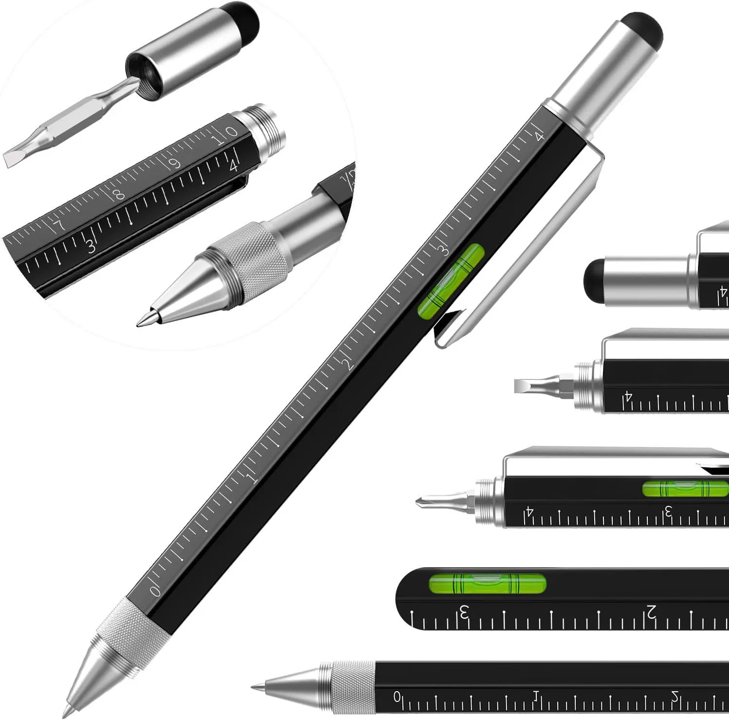 7 in 1 Multifunctional Pen Touch Screen Stylus Capacitive Pen with Screwdriver Ruler Levelgauge Refillable Ballpoint Pencil Tool
