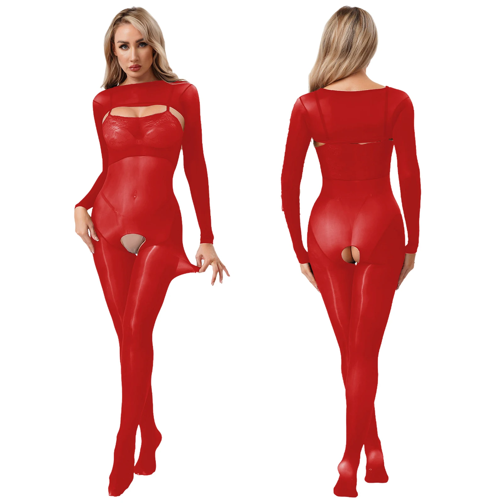 

Women Ultra Thin Body-stocking Floral Lace Crotchless Footed Bodysuit And Long Sleeve Crop Top for Lingerie Flirting Nightwear