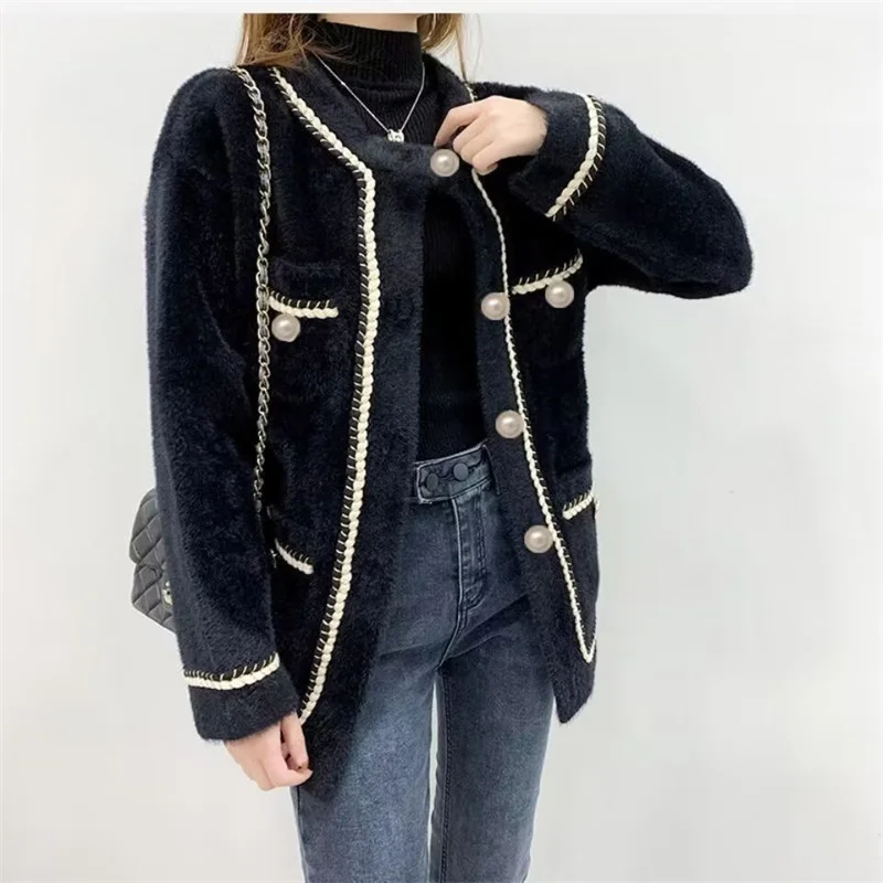 Korean Ladies Loose Woolen Jacket Autumn Female Lmitation Mink Fur Tops Coat 2024 Women Long Sleeves Wool Blend Outwear