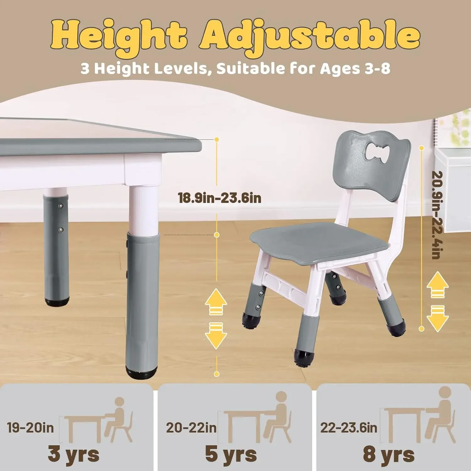 Ensemble table et 2 chaises pour enfants, ensemble table et chaises pour tout-petits réglables en hauteur pour les 3 à 8 ans, table d'art et d'artisanat facile à essuyer