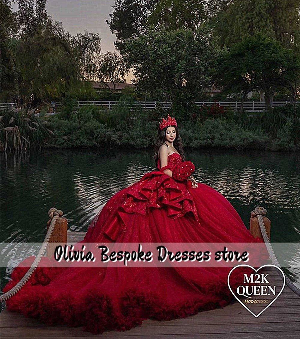 Vestidos de quinceañera con volantes y lazo rojo, Apliques de encaje con cuentas, vestido de baile de tren fruncido de tul, vestido de fiesta de boda mexicano