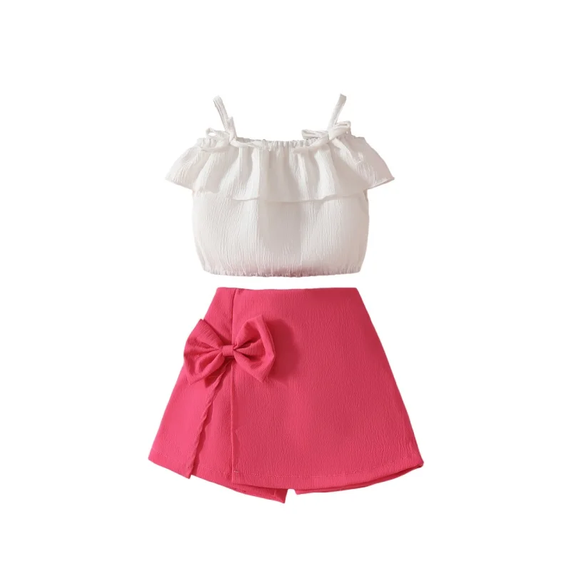 Toddler Girl Summer Outfit Solid Color Ruffled Cami Tops with Bow Mini A-Line Skirt 2Pcs Set