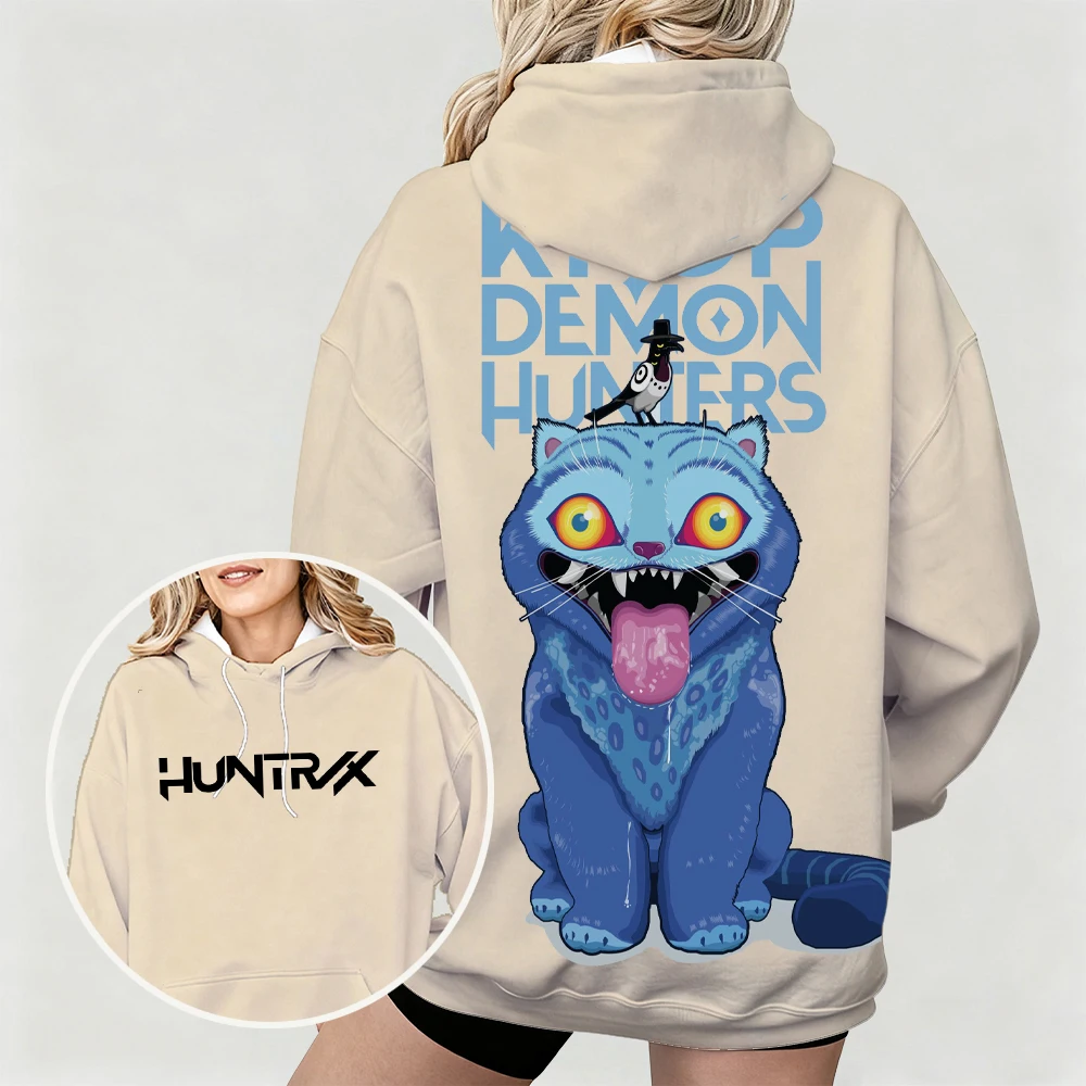 هوديي نسائي كبير الحجم مع KPop Demon Hunters Bold Derpy & Bird Graphic Print تصميم فني مزدوج الجانب للارتداء اليومي غير الرسمي