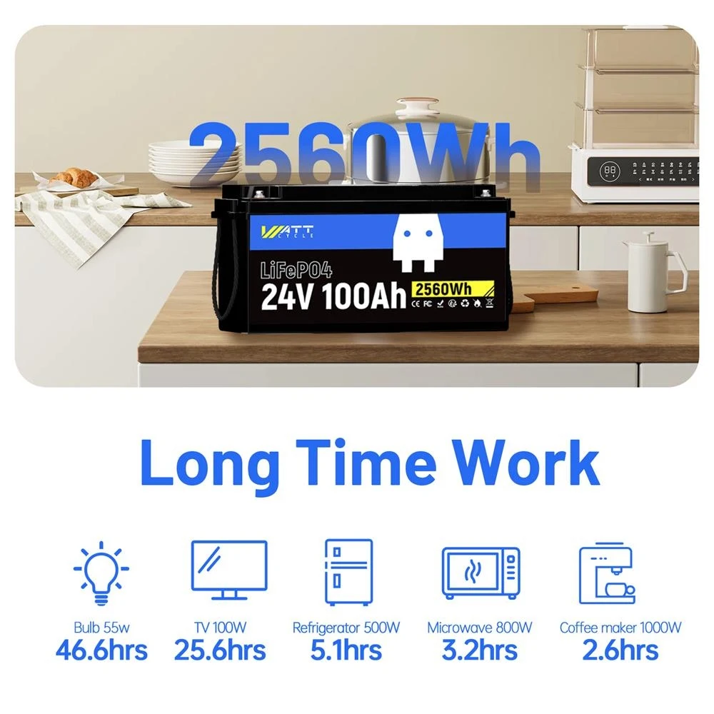 Wattcycle جديد 24 فولت LiFePO4 بطارية ليثيوم 100 أمبير بطارية ليثيوم بالطاقة الشمسية حزمة 15000 دورة مع BMS للنظام الشمسي المنزلي 1/2 حزمة