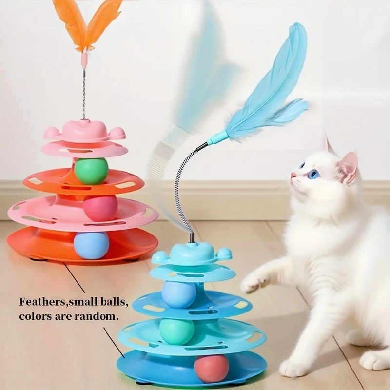 Artificial Feather Cat Turntable Toy - Rotatable Rolling Ball Cat Toy, Interactive Teaser Toy for Cats, Belt3 Randomly Colored S