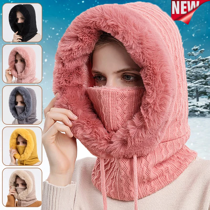 Frauen Slouchy Fleece Mütze Kaschmir Pelz Mütze Hüte Schal Maske Kordel zug warme Kapuze Winter Sturmhaube Pullover Strick mütze