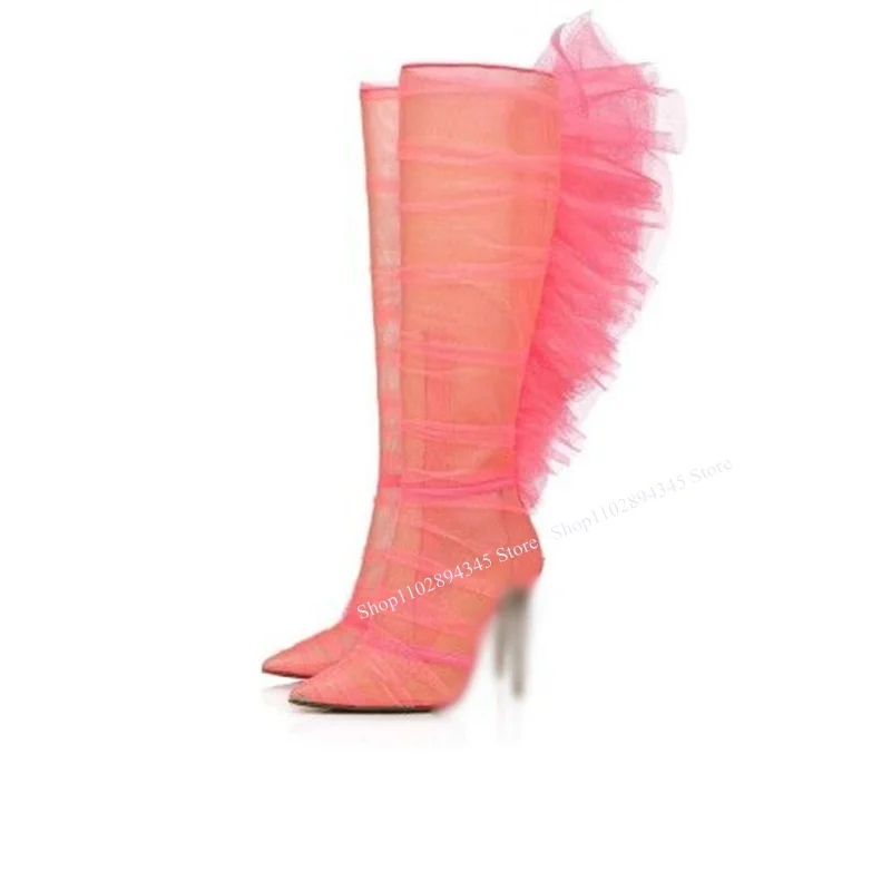 Pink Mesh Knee High Boots Zipper Thin High Heel Fashionable Cool Winter Casual Big Size Woman Shoes Zapatillas Mujer