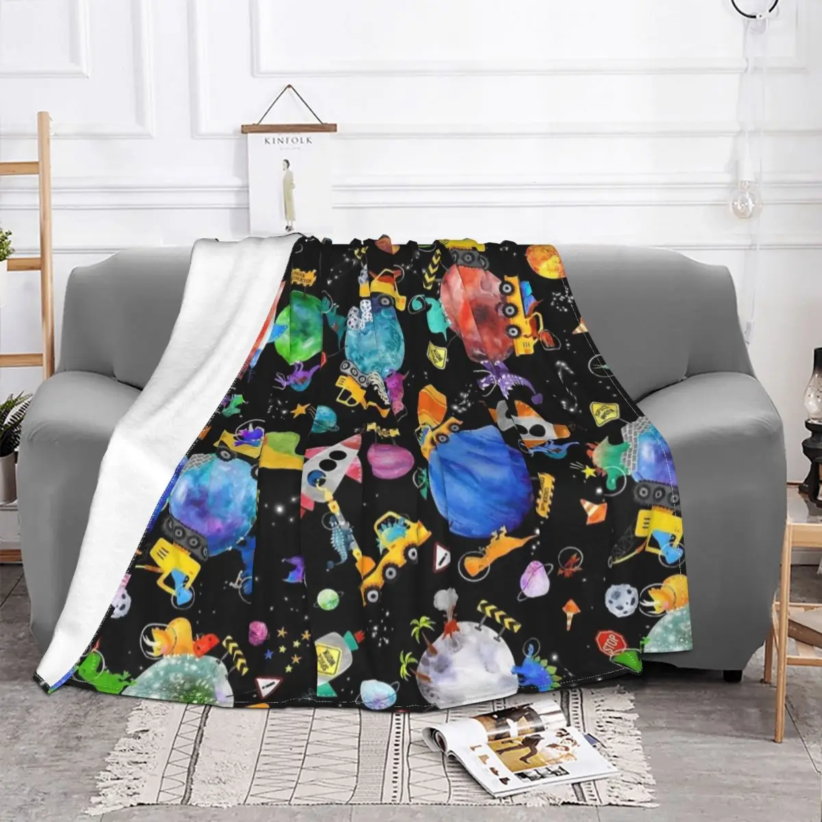 Dinosaur Space Crew Galaxy Fleece Throw Blanket Construction Cute Dino Cartoon Blankets for Home Bedroom Ultra-Soft Quilt