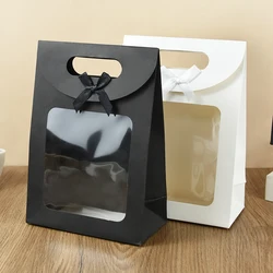 5Pcs Black White Gift Bags With Window Kraft Paper Biscuits Candy Bag Packing Box For Wedding Birthday Wedding Gift For Guest