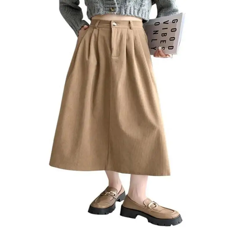 レトロコーデュロイスカート女性ハイウエストミディ A ラインプリーツスカートミニマリスト黒スカート女性のためのカジュアル秋冬ファッション