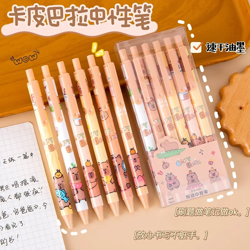 

6 Pcs Cute Capybara Gel Pen kawaii Press ballpoint 0.5mm Black ink Pens Student Writing Supplies School Office Stationary