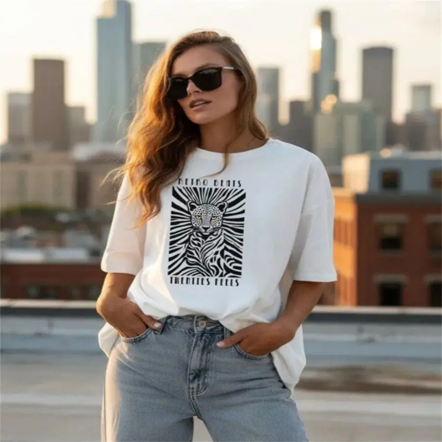 Chic Design Animal Graphic Tee Women White Oversized Cotton T-Shirt Retro Zebra Stripe Leopard Head Casual Large Size Streetwear