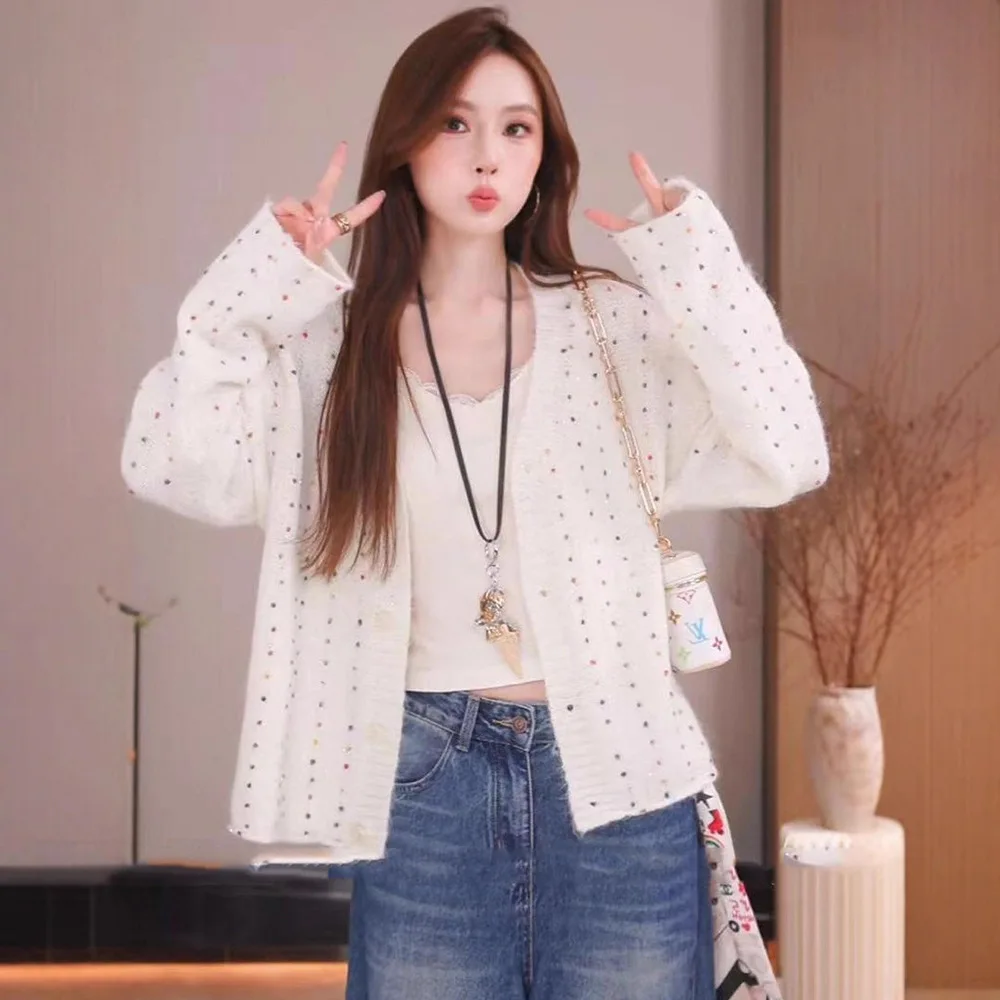 Cardigan Women 2025 Sweater Casual Colorful Dot Knitted Autumn New Loose Casual Loose Top Sweaters women's Clothing