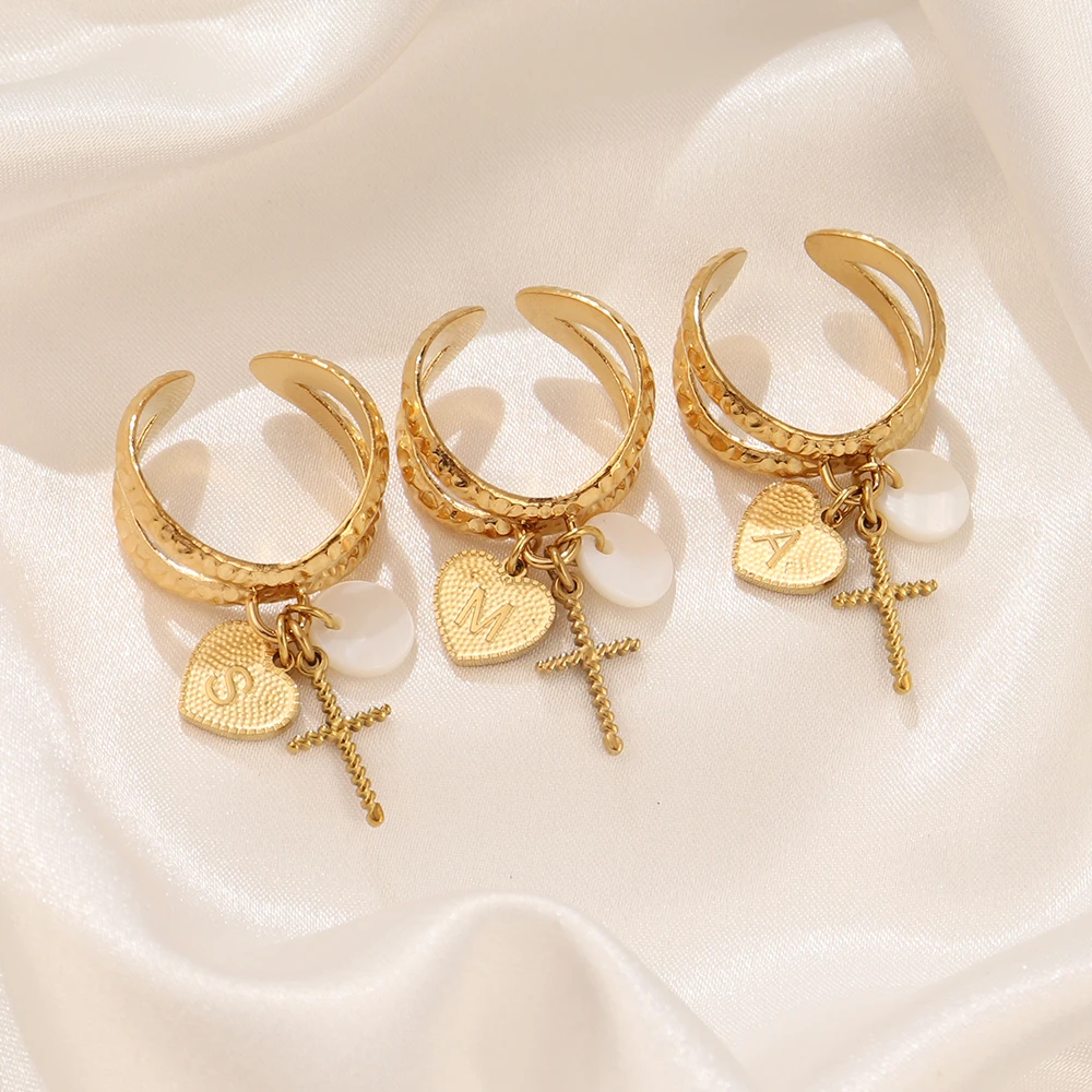 316L الفولاذ المقاوم للصدأ خاتم الرسالة الأولية للنساء 26 A-Z رسالة الصليب قلادة خواتم مفتوحة فام مجوهرات #6