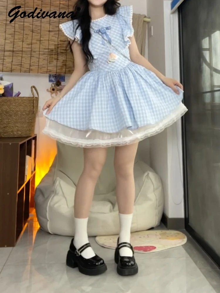 Girls Summer New Feifei Sleeve A-line Dress Cute and Fashion Kids Preppy Blue Plaid High Waist Lace Trim Mesh Patchwork Dresses