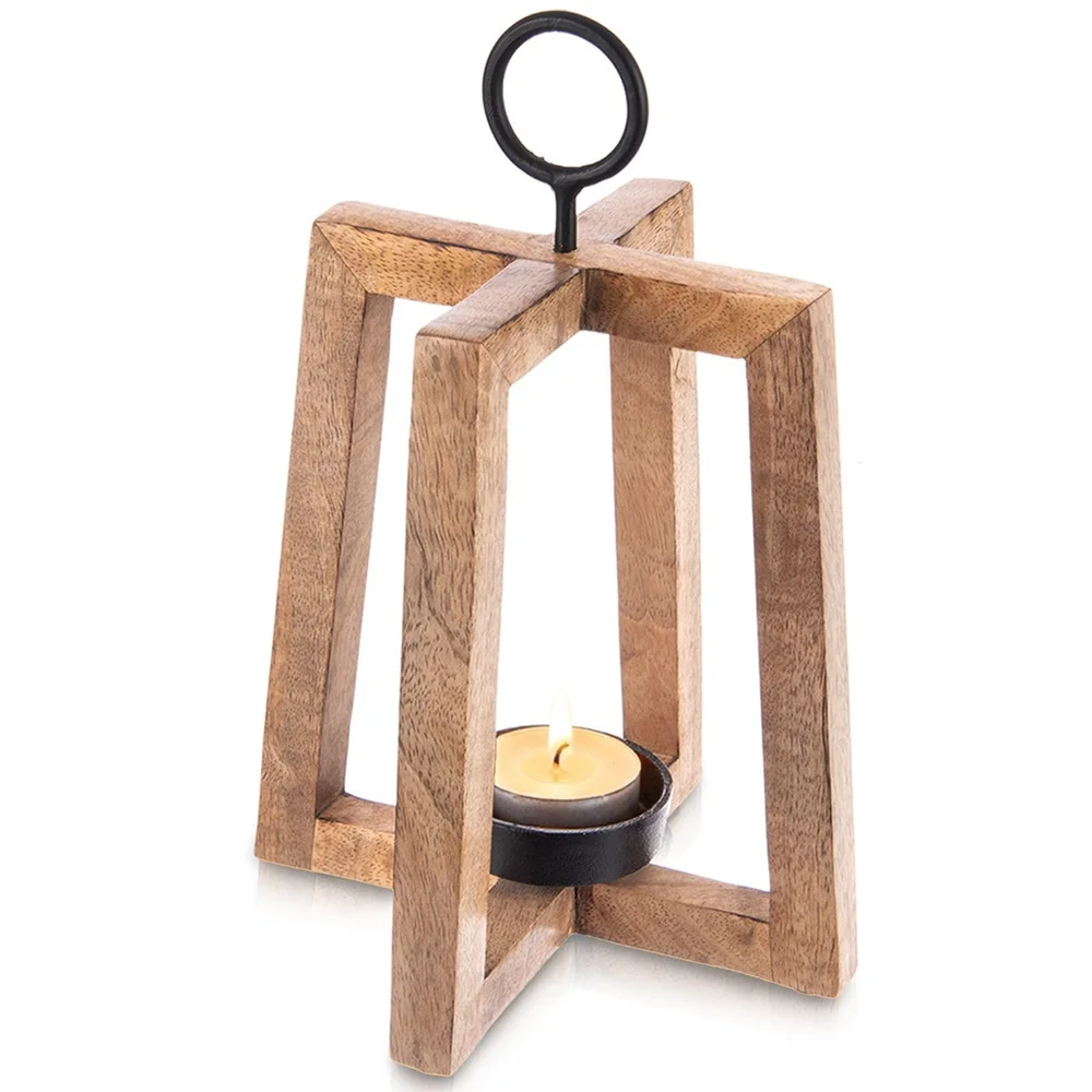 MANGO 18x18x27,5 cm houten hangende kandelaar decoratieve kaarslantaarn voor huis, woonkamer, terras of tuin, gemaakt van hout, creëert een gezellige sfeer, ideaal als interieurdecoratie voor het