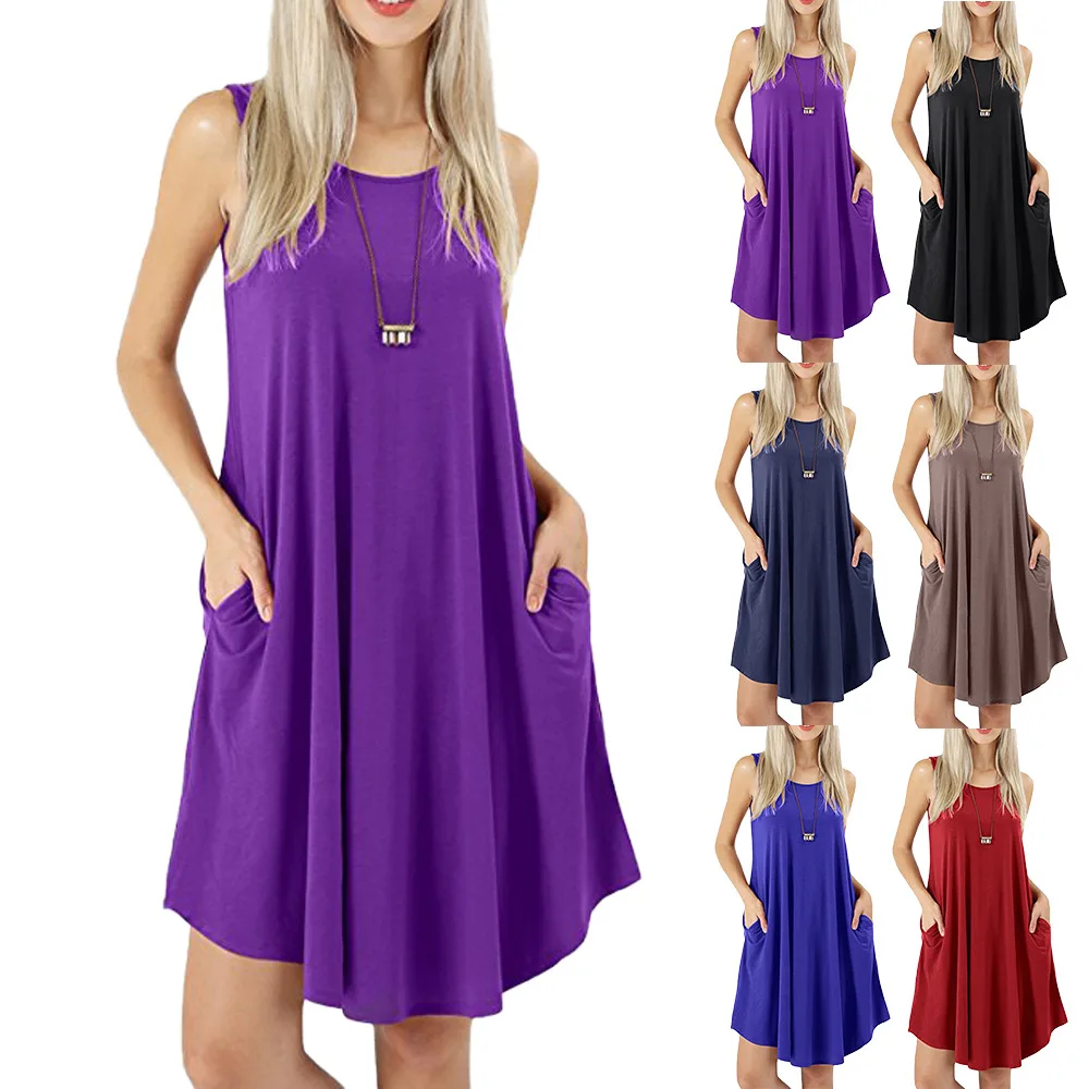 Women Black Blue Dresses Summer Casual Sleeveless Round Neck Long T Shirt Dresses Sundress Beach Tank Loose Pockets Dress