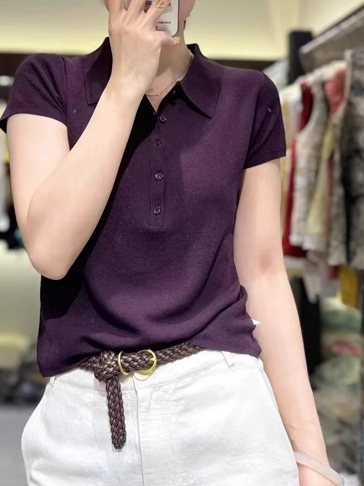 

Casual Ice Silk Knitted Top ort Sve Overhead Women's T-irt Simple Design Summer 2025 Faionable Straight Cut Korean S...