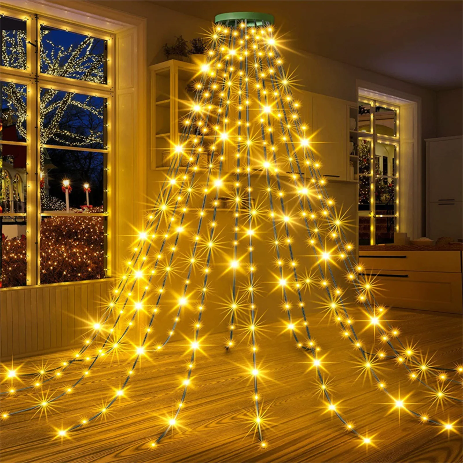 

New LED ring tree top light Christmas tree light Low voltage pentagram waterfall hanging tree flowing water Christmas LED light