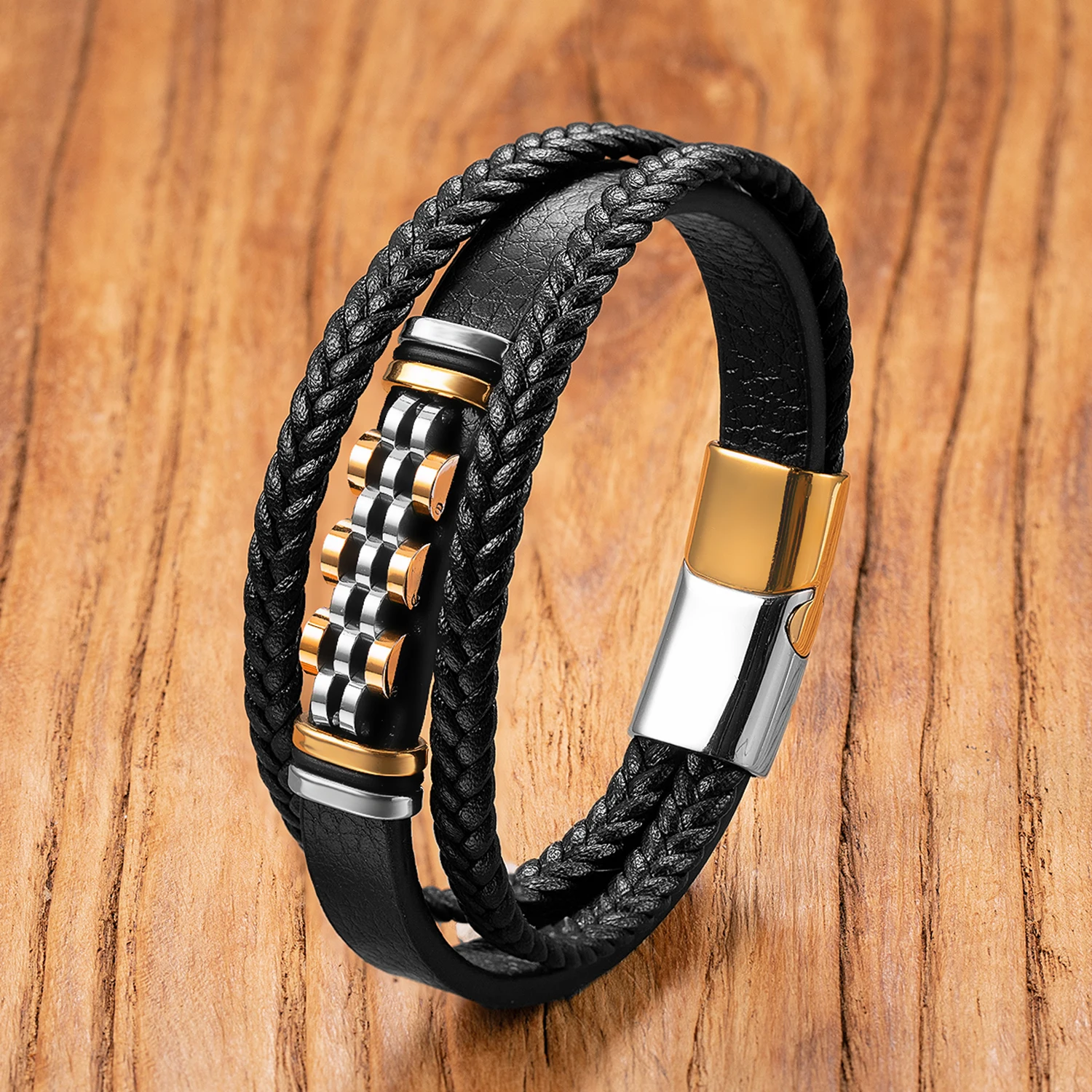 Punk Rock Hollow Out Stainless Steel Mens Bracelet Fashion Multilayer Leather Chain Bangles Jewellery Pulsera Hombre Gifts