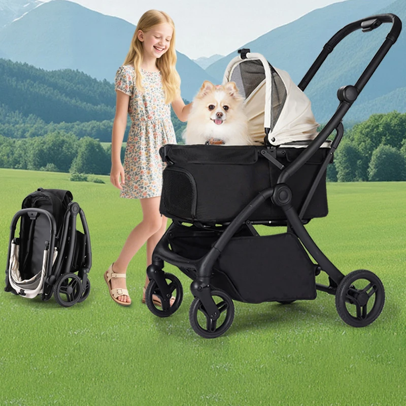

Luxury Lightweight Aluminum Frame Medium Pink Dog Stroller One Click Folding Pet Stroller with 4 Wheels No Zip
