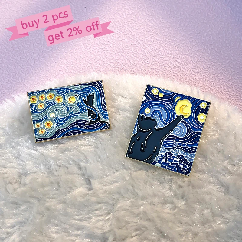 Starry Night Cats Enamel Pins Custom Van Gogh Oil Painting Brooches Lapel Badges Fun Animal Art Jewelry Gift for Kids Friends