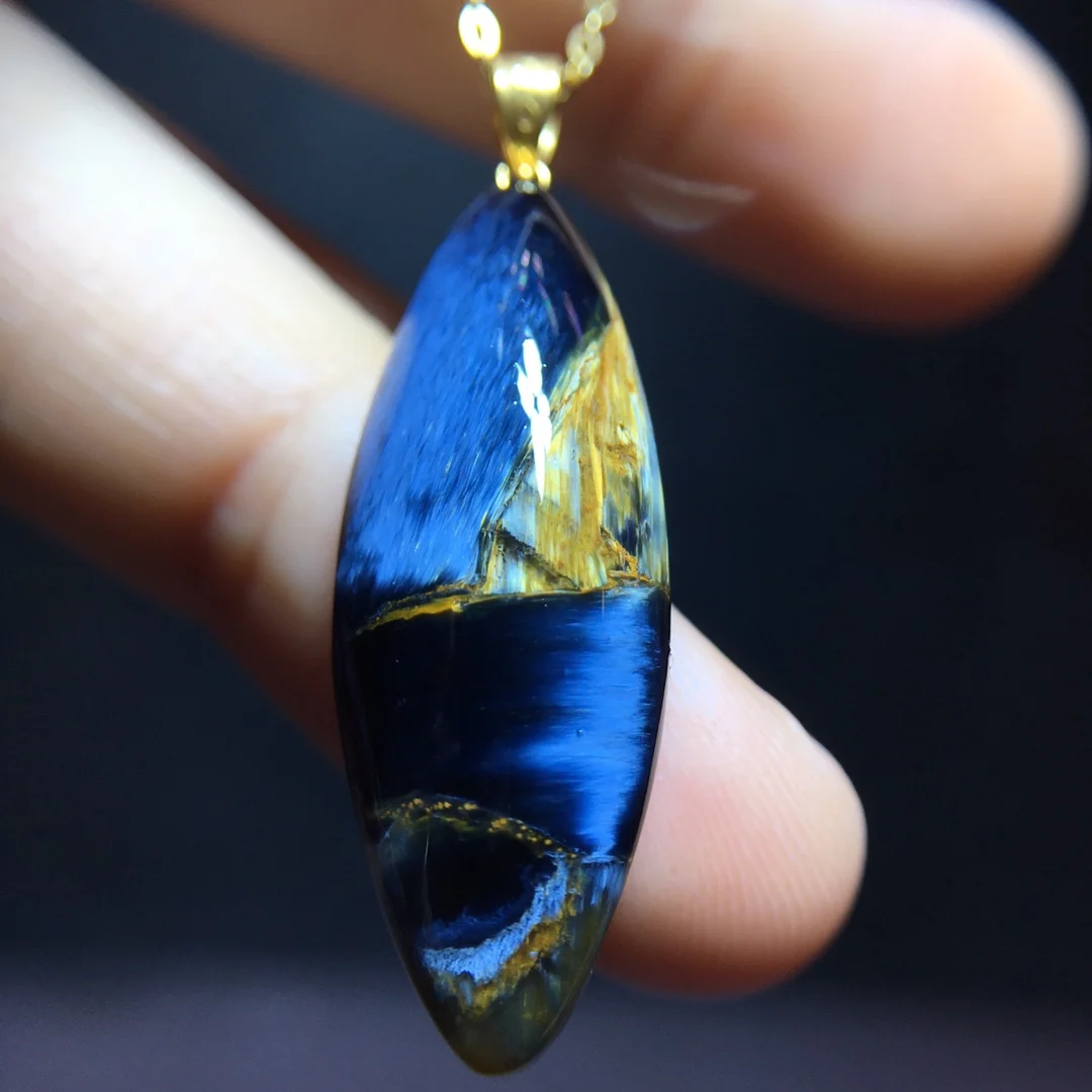 

Натуральный сине-желтый кулон из пирсита для женщин и мужчин, огненный пирсит 29.3/10.8мм, Намибия, ожерелье, ювелирное изделие AAAAAA