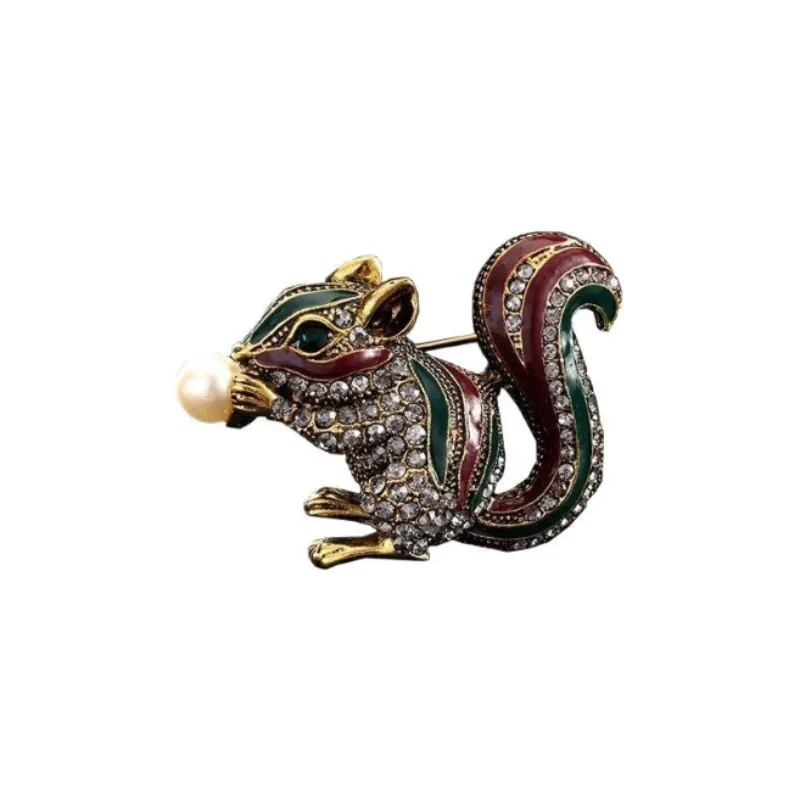 Vintage Squirrel Brooch Enamel Crystal Pearl Animal Pin for Women Luxury Jewelry