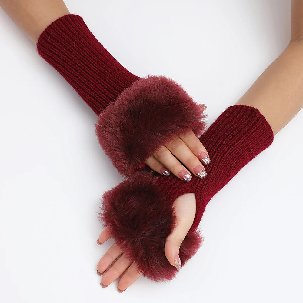 

Winter Faux Fur Fingerless Gloves Women Mitten Winter Warmer Knitted Arm Sleeve Casual Girls Goth Clothes Punk Gothic Gloves