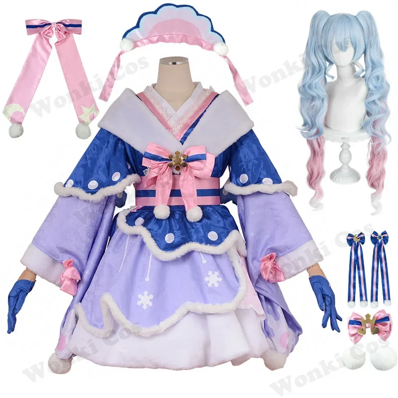 Sneeuw Miku Cosplay Kostuum Pruik 2023 Miku Cosplay Kimono Jurk Pony Tail Haar Voor Meisje Schattige Lolita Prachtige Jurk Kostuums Outfits