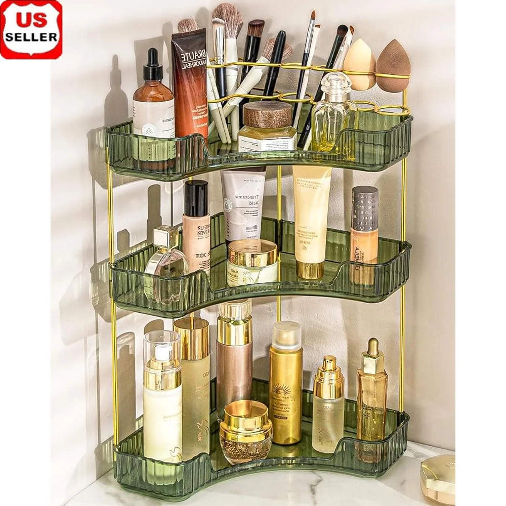 

3-Tier Acrylic Makeup Organizer Corner Bathroom Counter Storage with Brush Holder Portable Skincare Display Shelf Cosmetics