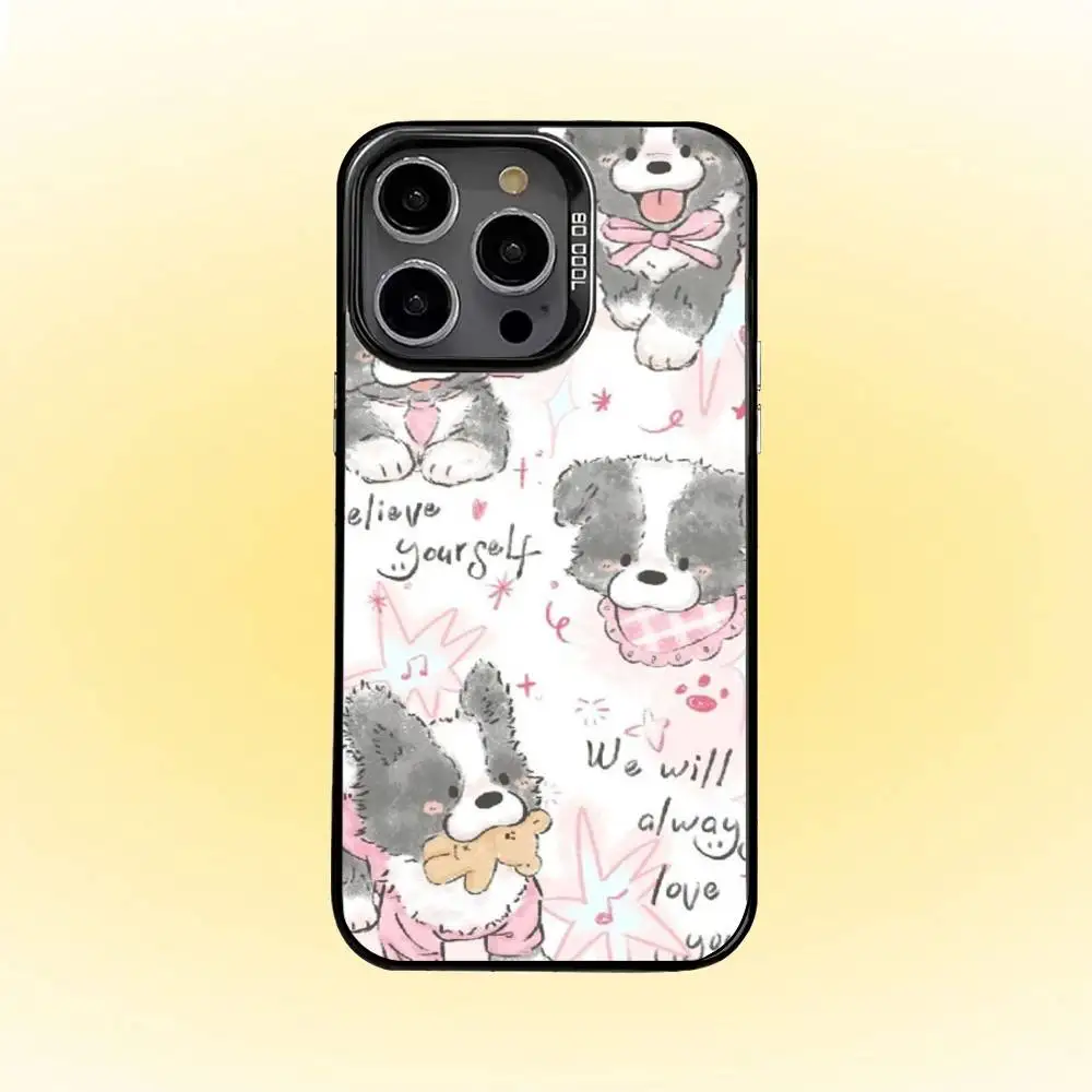 حافظة هاتف كلب مصورة لطيفة لهاتف آيفون 16 15 14 13 12 برو ماكس رمادي أسود غير لامع ليزر معدني أورورا فوندا