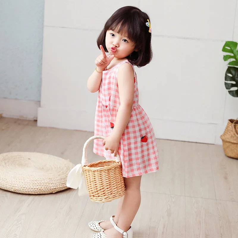 Baby Girls Clothes Summer Dress Flying Sleeve Newborn Infant Dresses Plaid Sleeveless Cotton Newborn Princess Dress Baby Girl