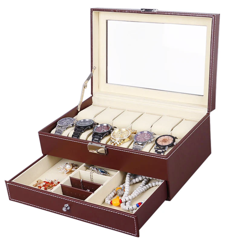 Double Layer 12 Slots Watch Box PU Leather Watch Case Boxes Organizer With Lock Jewelry Drawer for Women Men Best Gift