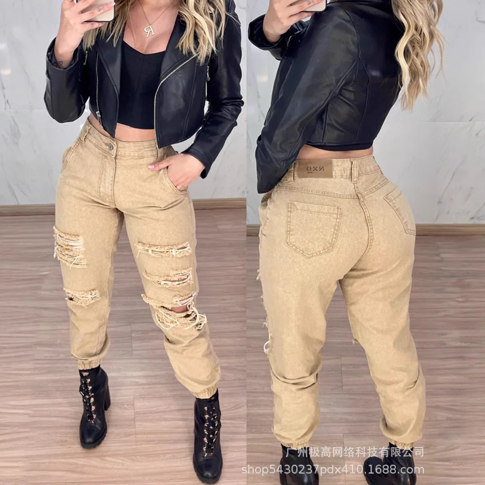 Frauen Khaki Casual Ripped Hohe Taille Krawatte Werkzeug Hosen Knöchel Länge Hosen Taschen