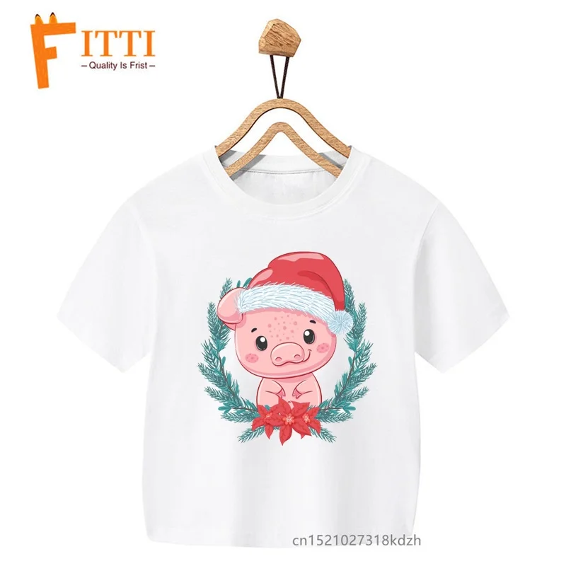 

Merry Christmas,Cute Christmas Pig Flower Print Boys/Girls White T-shirt Kid Summer Funny Clothes Little Baby Clothes Xmas Gift