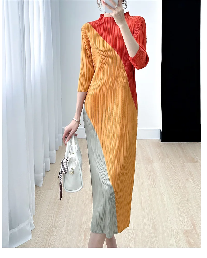 New Womens Dresses Summer High-end Fashion Loose Dress Stand Collar Contrast Medium and Long Pleated Large Size Straight Dress