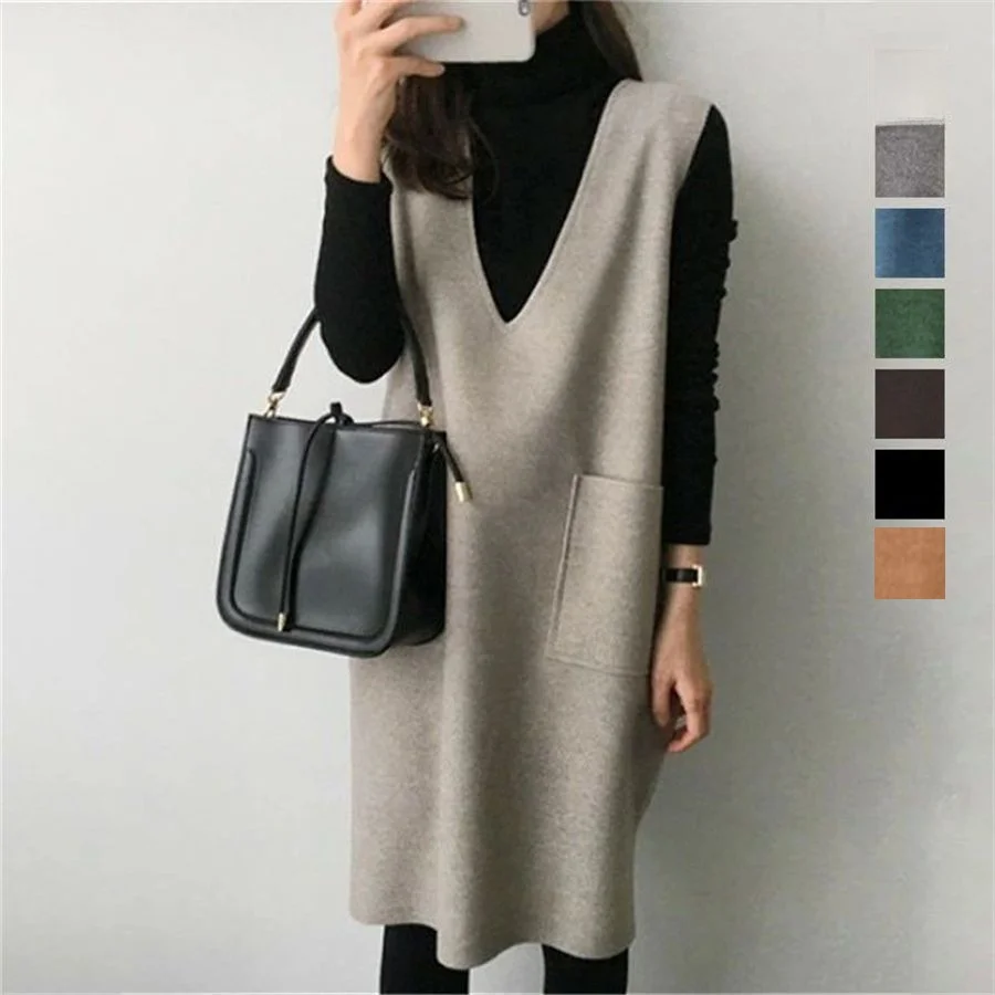 

Women's Loose V-Ne Pure Color Woolen Vest Dr Autumn Casual Retro Long Coat Polyester Fiber Commute Sle f High Collar